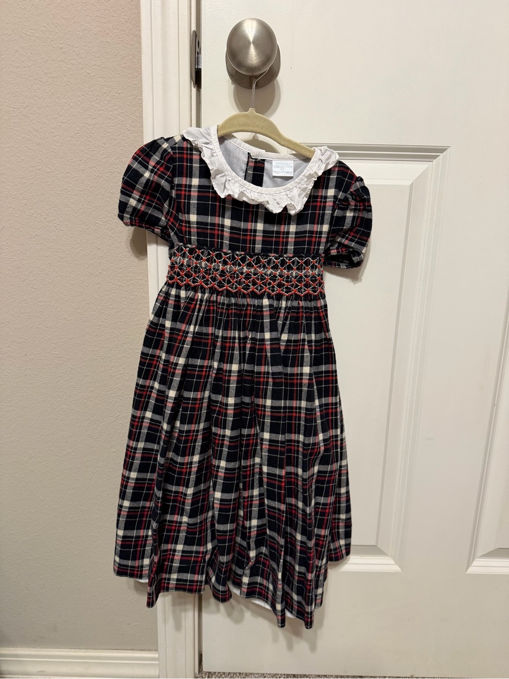Edgehill Collection Black and Red Plaid Smocked Dress with White Collar
